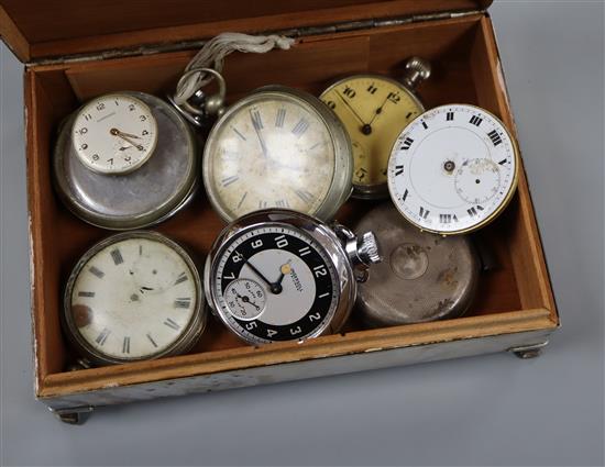 Assorted pocket watches and wrist watch movements, housed in a plated cigarette case.